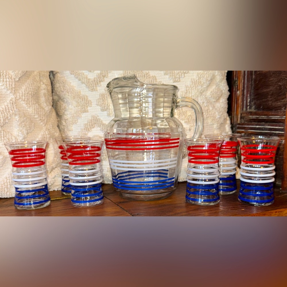 SOLD Anchor Hocking MCM Art Deco Betty Ross Pitcher w 6 glasses